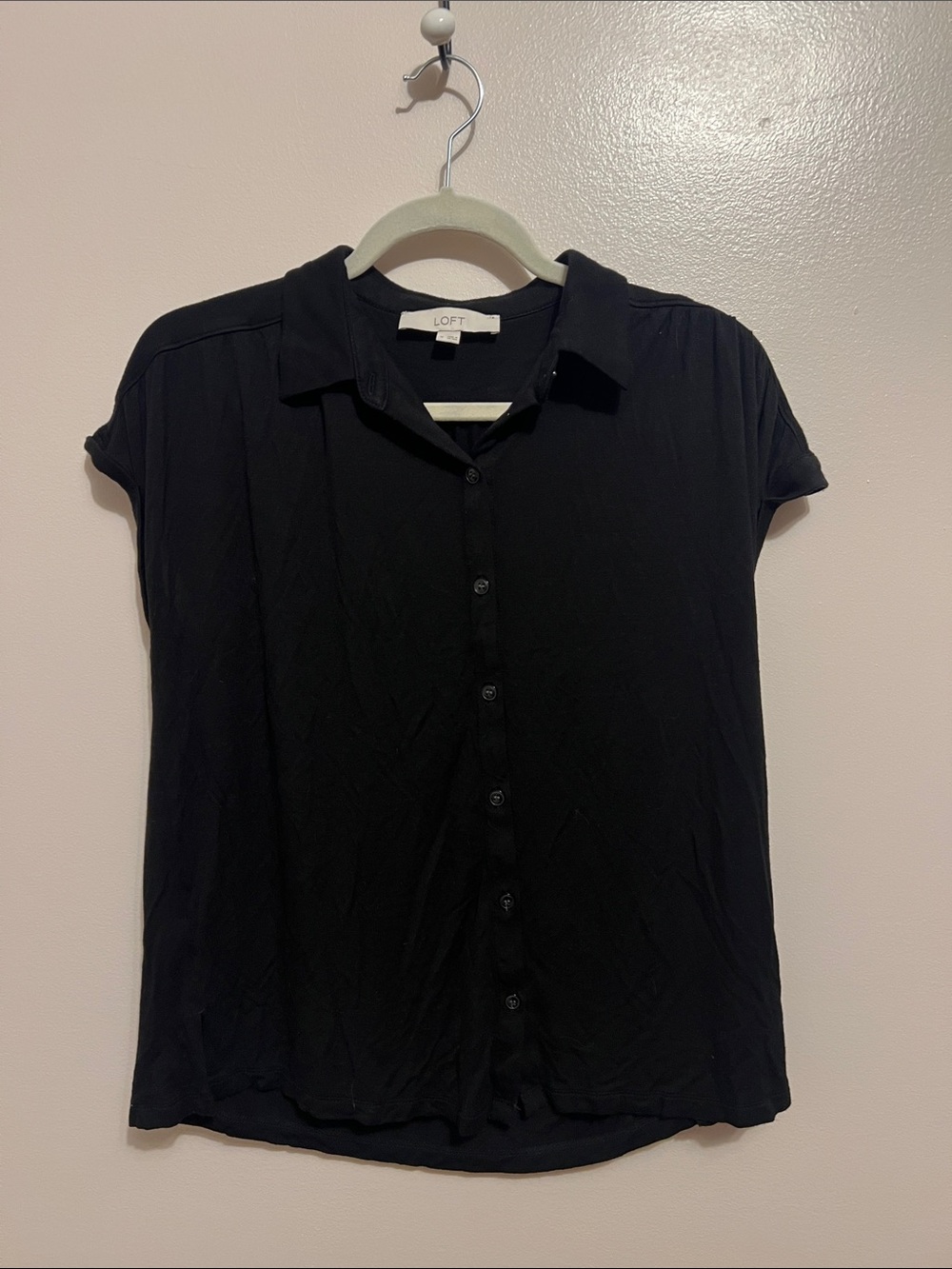 LOFT Black Collared Button-Up Blouse Soft Knit Cap Sleeve Relaxed Fit Office Top